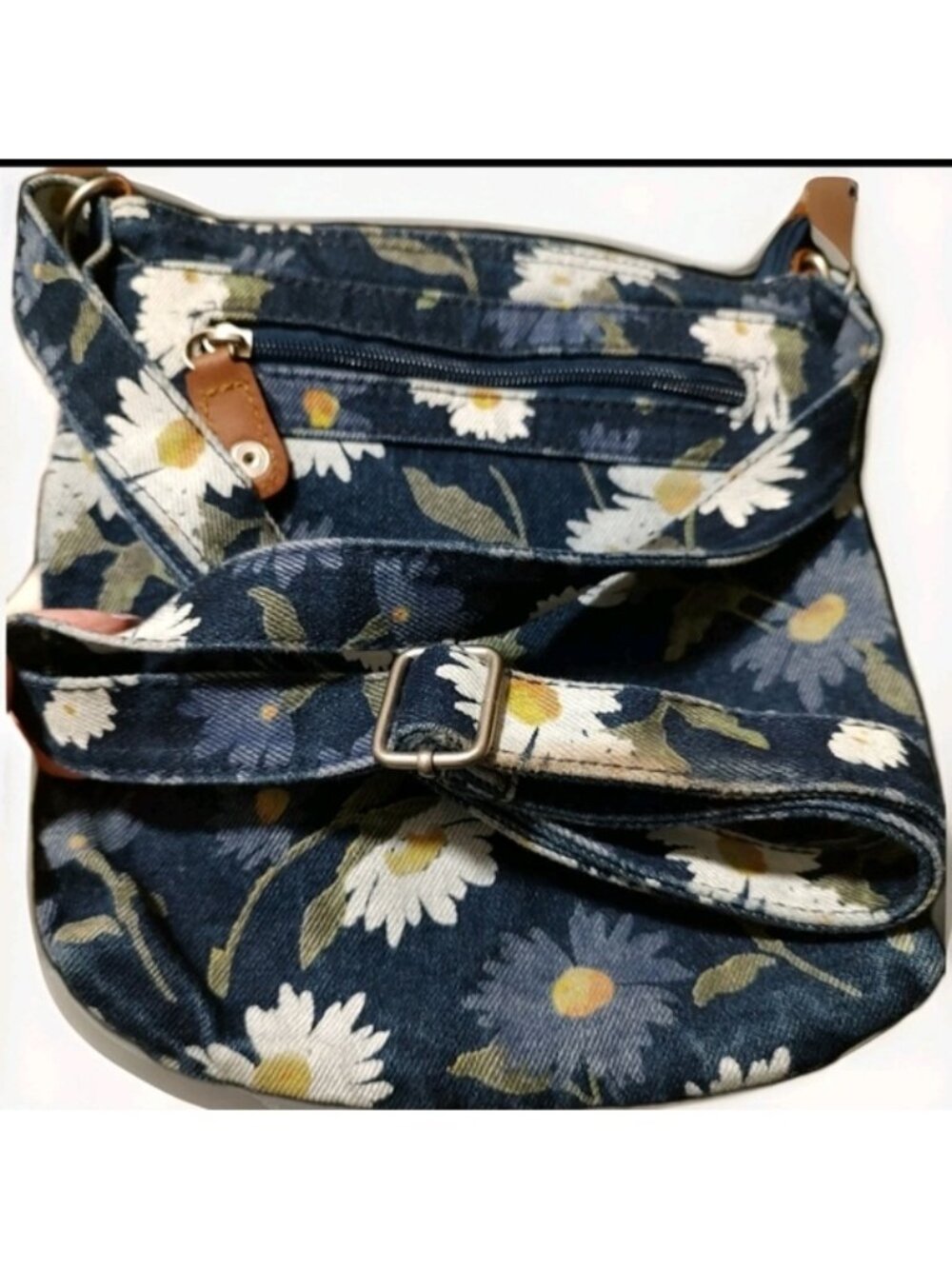 Medium Denim Floral Zip Up Crossbody Purse Made In China Leather Zip Tab NWOT